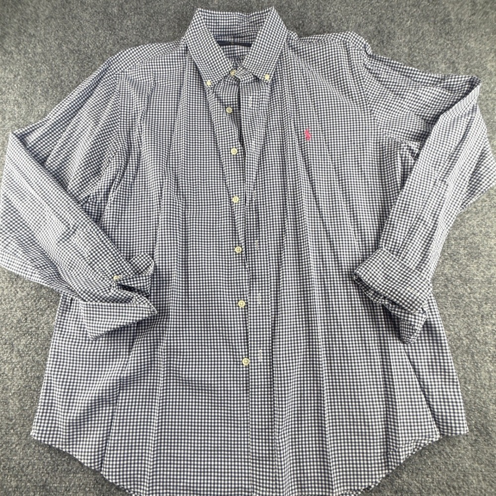 Ralph Lauren Mens Gingham Button Down Shirt Navy Blue White Pink Pony Large